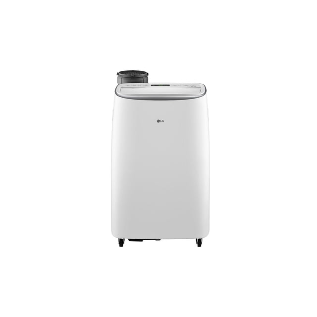 aire acondicionado portátil inverter lg solo frío motor dual inverter con thinq wi-fi, silencioso 44 db 115v 60hz 14.000 btu Vista frontal centrada del equipo blanco LG con ventilación superior, panel de control en la parte superior y ruedas en la base; motor Dual Inverter para mayor rendimiento, conectividad ThinQ Wi‑Fi y asas para transporte; también apto para climatizar oficinas temporales.