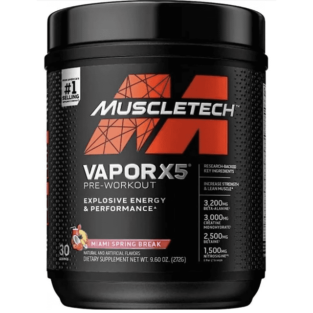 pre entreno muscletech vapor x5 30 servicios miami spring break, bote frontal negro con logo MuscleTech naranja, texto Vapor X5 Pre-Workout, sabor Miami Spring Break en banderola rosa, leyenda "Explosive Energy & Performance", señala 30 servicios y beneficios de rendimiento y resistencia.
