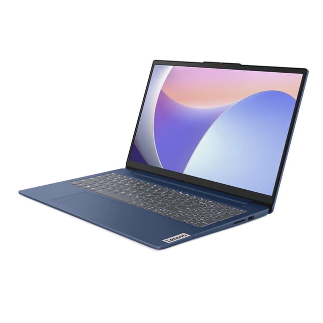laptop lenovo ideapad slim 3 pantalla touch, Intel Core i5-1335U 13ª generación, 15.6" Full HD IPS táctil, 8GB RAM LPDDR5, 512GB SSD, Intel Iris Xe, Windows 11 Home; vista 3/4 frontal abierta en color azul abismo mostrando teclado en español retroiluminado, trackpad amplio, biseles delgados, puerto lateral y cámara web con obturador. Suele usarse como portátil de estudio o multimedia para viajes.
