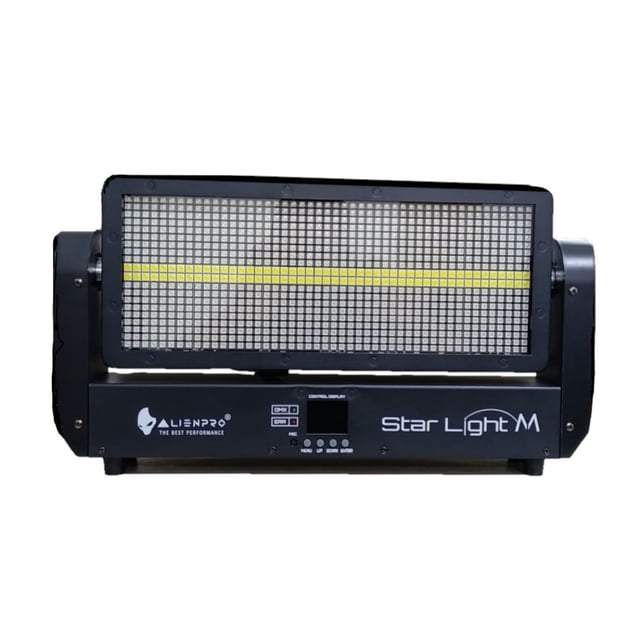strobo alien pro starlight m, rgbw, 400w, ip20, dmx: 8/20/52 ch — Vista frontal centrada de un strobe profesional negro con panel rectangular de LEDs en rejilla y franja amarilla; base con pantalla LCD, botones y el texto de marca "Star Light M" y logo Alien Pro. Funciona 100-240V, consumo 400W, modos DMX/RDM/automático/audio-rítmico; suele usarse en eventos y espectáculos.