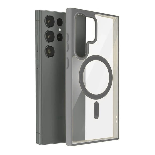 mr. gadgets funda carcasa clear case color titanio para samsung galaxy s26 ultra compatible con magsafe Gris — funda transparente con marco gris en vista 3/4, anillo magnético circular visible en la parte posterior y recorte para módulo de cámaras, silicón en el exterior y TPU en el interior que permite ver el color del Galaxy S26 ULTRA; delgada para uso diario y compatible con accesorios magnéticos, suele usarse también para fijar soportes magnéticos en auto.