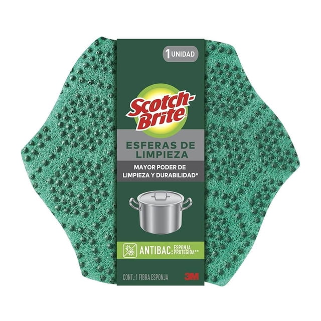 esponja scotch brite esferas de limpieza pesada — esponja verde con puntos abrasivos en vista frontal y empaque central con logo Scotch‑Brite y dibujo de olla; diseñada para tareas de limpieza pesada, enjuague fácil y durabilidad, ideal para fregado fuerte.