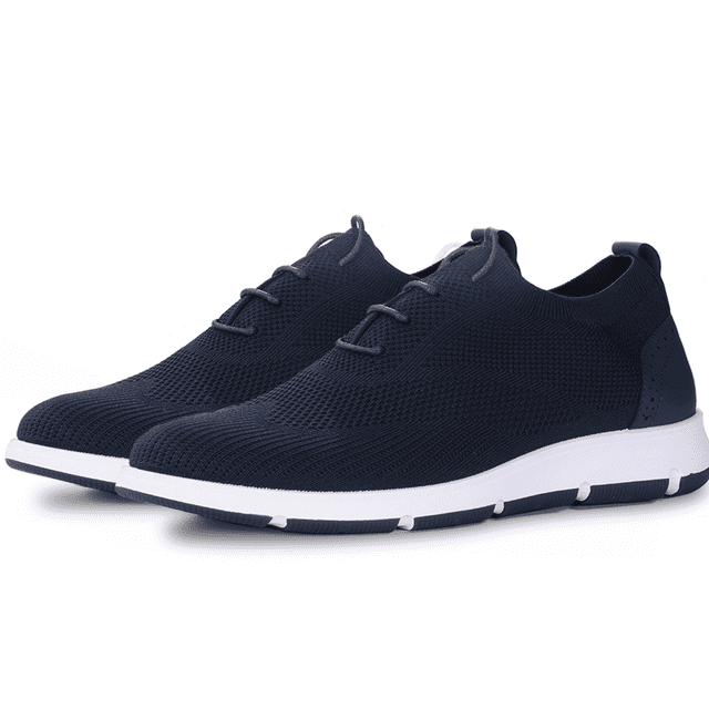 tenis para hombre comodo estilo casual de vestir Shendy Vendy azul, vista 3/4 frontal de par; tejido de malla transpirable en azul, perfil bajo con cordones elásticos, entresuela blanca y suela antideslizante de tracción duradera con ranuras para estabilidad; adecuado para caminar, correr o viajar por su diseño liviano y comodidad.