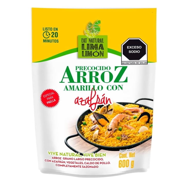 arroz amarillo eat natural lima limón precocido con azafrán 600 g paquete frontal centrado con logo Eat Natural Lima Limón, texto verde 'Arroz amarillo con azafrán', sello negro 'Exceso sodio', ilustración de paella con arroz amarillo, mariscos y verduras, peso neto 600 g visible; también suele usarse como acompañamiento rendidor para guisados o paellas.