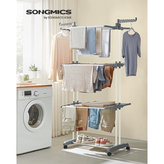 SONGMICS Tendedero, Tendedero Plegable de 4 Niveles, Asas Plegables, con Ruedas, 63.5 x 128 x 173 cm, Interior y Exterior, Blanco