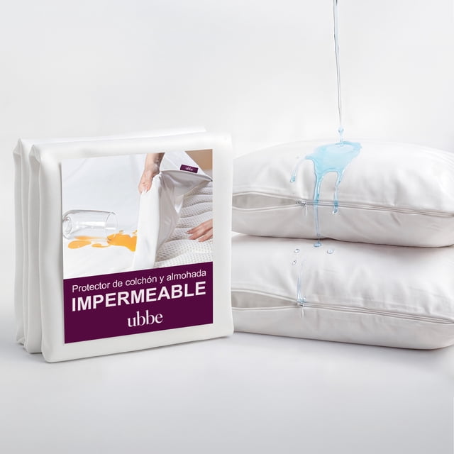 pack protectores de colchón y de almohada ubbe 100% impermeables hipoalergénicos, antiácaros, silenciosos y transpirables, tamaño individual — paquete con empaque Ubbe junto a dos fundas blancas apiladas; líquido azul se desliza y forma gotas sobre la funda mostrando efecto impermeable, cierre lateral y tela lisa y delgada visibles, ajuste tipo sábana bajera indicado; también apto para proteger ropa de cama en viajes cortos.