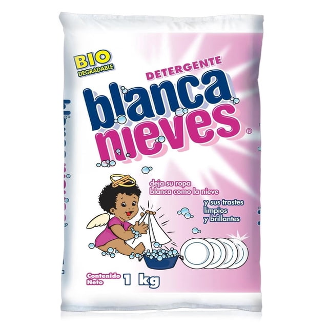 detergente en polvo blanca nieves multiusos 1 kg Bolsa frontal centrada con logo grande "blanca nieves" en azul y rosa; fondo blanco y rosa y sello "BIO degradable". Ilustración de un ángel niño lavando ropa con burbujas, texto visible sobre blancura y platos limpios; peso 1 kg. Adecuado para lavado y eliminación de manchas.