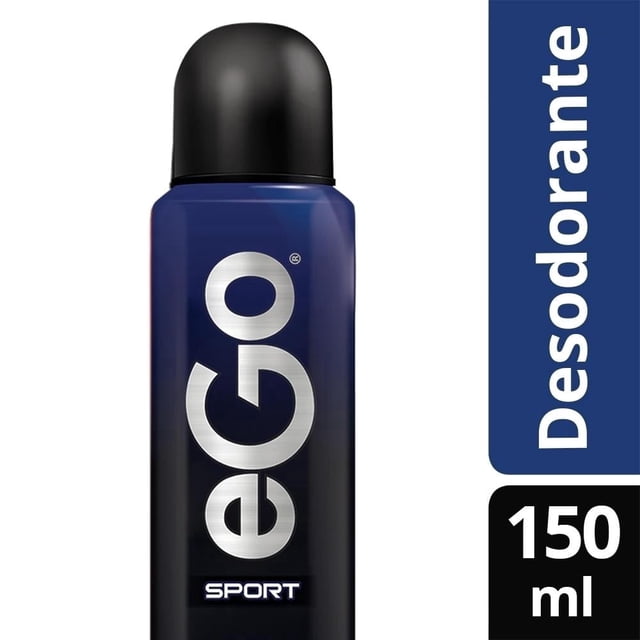 desodorante ego sport en aerosol para caballero 150 ml frasco aerosol azul marino con logo EGO en letras plateadas, tapa negra y rótulo "Sport" en la base; vista frontal vertical sobre fondo blanco con banda lateral que indica Desodorante 150 ml; aroma masculino y protección hasta 24 horas según especificación.