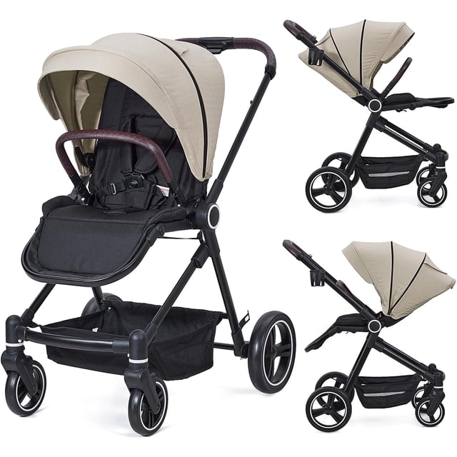 foldable baby stroller: high landscape pushchair, lightweight aluminum frame, waterproof fabric, reversible backrest, adjustable footrest, peekaboo canopy, grande almacenamiento basket, cup holder — Vista 3/4 frontal del cochecito amarillo con marco de aluminio negro, capota impermeable con ventana peekaboo, respaldo reversible, reposapiés ajustable y arnés de 5 puntos; gran cesta de almacenamiento y portavasos integrados; ruedas EVA con suspensión y freno trasero; tomas secundarias muestran configuraciones y plegado compacto.