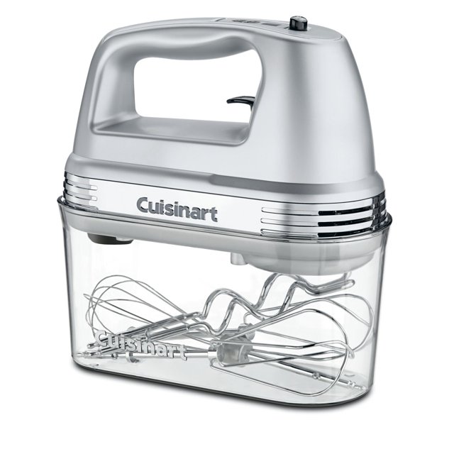 batidora de mano cuisinart hm-90bcs power advantage plus de 9 velocidades multicolor, vista frontal centrada con cuerpo plateado y logo Cuisinart en banda frontal, recipiente transparente que contiene varillas y ganchos metálicos visibles, mango superior con gatillo y perilla de selección de velocidades; adecuada también para batir claras y masas ligeras en tazones pequeños.