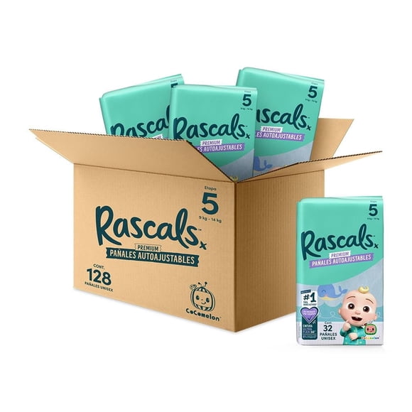 Pañales autoajustables Rascals Etapa 5 Unisex 128 piezas