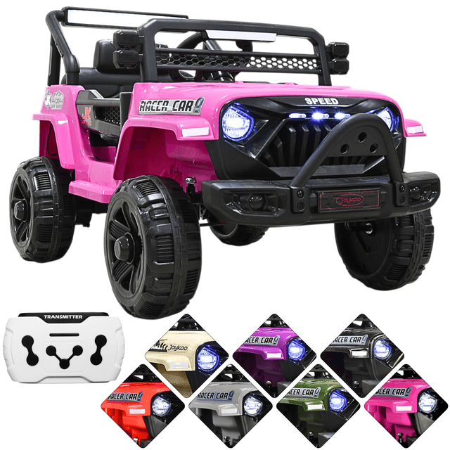 camioneta montable electrica para niños control remoto 12v - rosa claro 3/4 frontal de camioneta 4x4 infantil rosa claro con parrilla y parachoques negro, faros LED encendidos, ruedas de plástico rígido y volante; control remoto blanco incluido; apta para 3–6 años y hasta 30 kg, a menudo usada para practicar coordinación motriz.