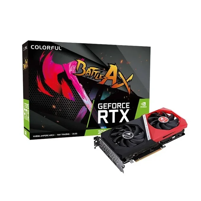 rtx 3060 nb tarjeta gráfica colorida duo 12g gddr6 tarjeta COLORFUL GeForce RTX 3060 con doble ventilador en carcasa negra y roja y PCB expuesto; 12 GB GDDR6, bus 192 bit, PCIe 4.0 x16, 1x HDMI 2.1b y 3x DisplayPort 2.1b, toma 1x 8 pines, tamaño 316 x113 x49 mm; diseñada para Ray Tracing y DLSS, compacta para cajas pequeñas y a menudo usada en estaciones de juego compactas.