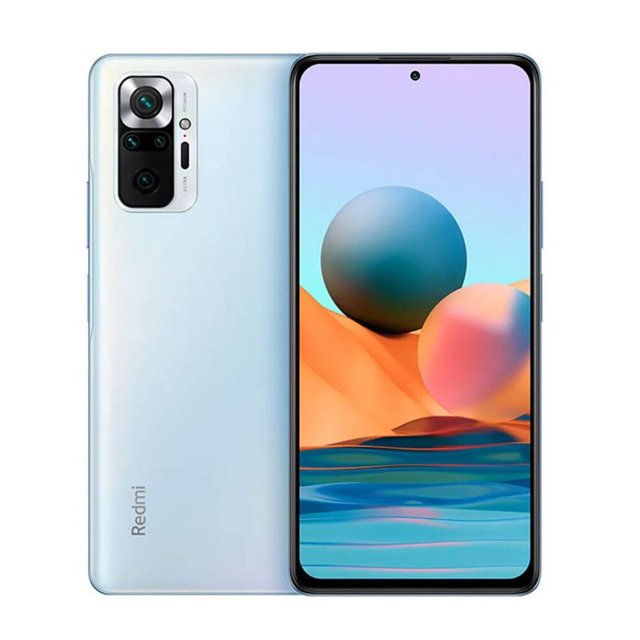 xiaomi redmi note 10 pro 128gb/6 ram xiaomi redmi note 10 pro 128gb Azul, vista frontal y trasera: pantalla AMOLED FHD+ 6.67" 120Hz con agujero para cámara frontal 16MP, marco delgado; módulo trasero con cámara cuádruple 108MP/8MP/5MP/2MP, lector lateral y bocinas estéreo; a menudo usado como teléfono principal para fotografía móvil.