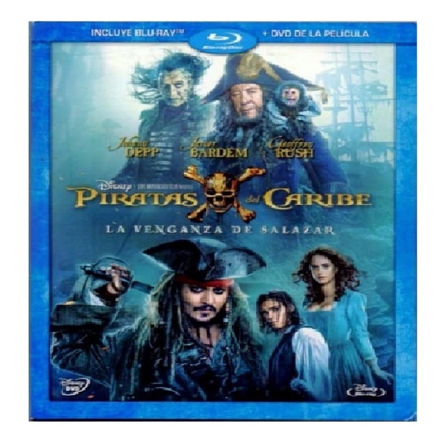 piratas del caribe 5 la venganza de salazar blu ray dvd Carátula azul de Blu-ray/DVD con ilustración frontal: Jack Sparrow en primer plano con sombrero tricornio, rostros de antagonistas y barco fantasma de fondo, logos de Disney y Pixar y leyenda de audio/subtítulos en inglés y español.