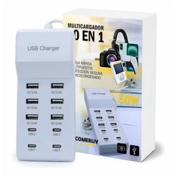 Estación de Carga USB 10 Puertos 6 Tipo C y 4 Tipo A 55 W Escritorio Blanco