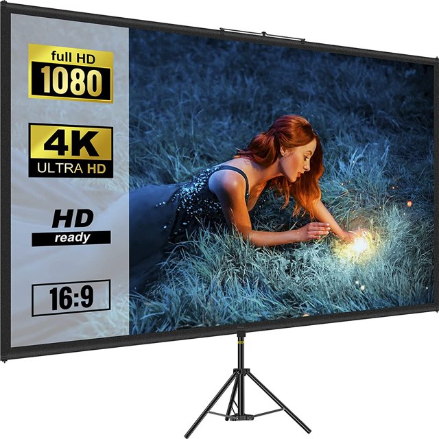 trípode proyector vevor pantalla 90 pulgadas 16:9 4k hd altura ajustable pantalla de proyección portátil negra de 90" 16:9 en vista frontal con trípode de aleación de aluminio desplegado, superficie de poliéster sin arrugas y cuatro bordes negros para mejorar contraste, marco plegable y altura ajustable 200-250 cm, adecuada para cine en casa, presentaciones y eventos al aire libre.