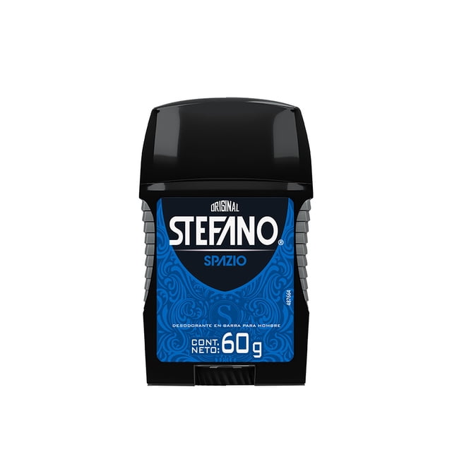 desodorante hombre stefano spazio antitranspirante en barra 60 g Envase frontal centrado sobre fondo blanco; cuerpo negro con tapa negra y panel azul ornamentado, logotipo STEFANO en blanco, texto "SPAZIO" y "CONT. NETO: 60 g", costados con ranuras antideslizantes gris. Fragancia acuosa con fondo amaderado y notas de lavanda; suele combinarse con shampoo y desodorantes aerosol en la rutina masculina.