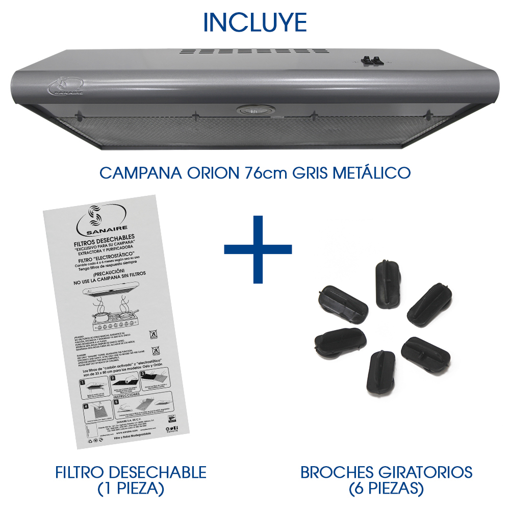 COMBO CAMPANA ORION 76CM GRIS CON FILTRO ATRAPAGRASA EXTRA Y BOLSITA DE BROCHES DE REPUESTO SANAIRE SANAIRE COMB-ORI76GM-FILDES-BROSTD