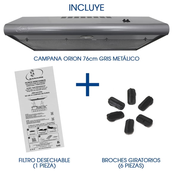 COMBO CAMPANA ORION 76CM GRIS CON FILTRO ATRAPAGRASA EXTRA Y BOLSITA DE BROCHES DE REPUESTO SANAIRE SANAIRE COMB-ORI76GM-FILDES-BROSTD