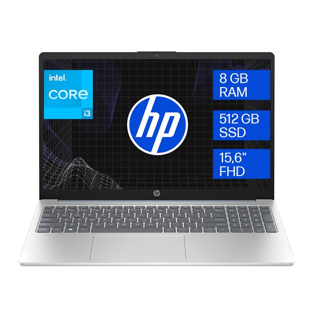 laptop hp 15-fd0026la intel core i3 8gb ram 512gb ssd Azul, vista frontal centrada con pantalla abierta que muestra el logo HP y rótulos de "8 GB RAM", "512 GB SSD" y "15.6\" FHD"; carcasa azul, teclado en español con teclado numérico, touchpad y cámara web en el bisel superior; a menudo usada para tareas escolares y videollamadas, con conectividad WiFi6 según especificaciones.