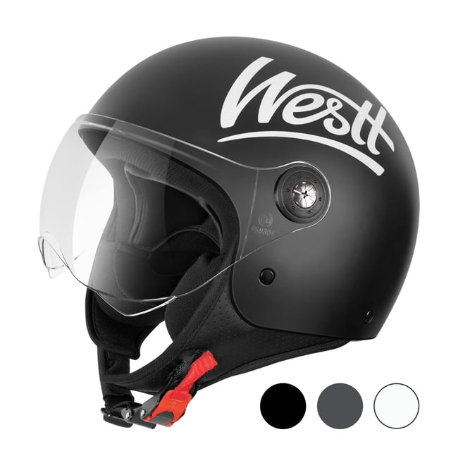 casco de moto westt classic 3/4 de cara abierta aprobado por el dot casco negro mate 3/4 con visera transparente desplegable y logotipo Westt blanco, carcasa ABS lisa, forro acolchado 3D extraíble y correa con hebilla de liberación rápida con detalle rojo; vista 3/4 derecha sobre fondo blanco, incluye bolsa para casco; apto para scooter y paseos urbanos.