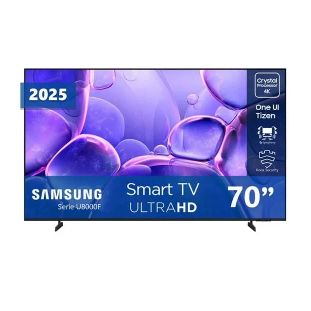 tv 70 pulgadas smart tv uhd 4k un70u8000 samsung Televisor Samsung 70" frontal con marco negro delgado y patas en V; pantalla UHD 4K muestra gráfica púrpura y etiquetas 2025, One UI Tizen y Crystal Processor 4K; diseño MetalStream; ideal para cine en casa, juegos y compatible con hogar inteligente.