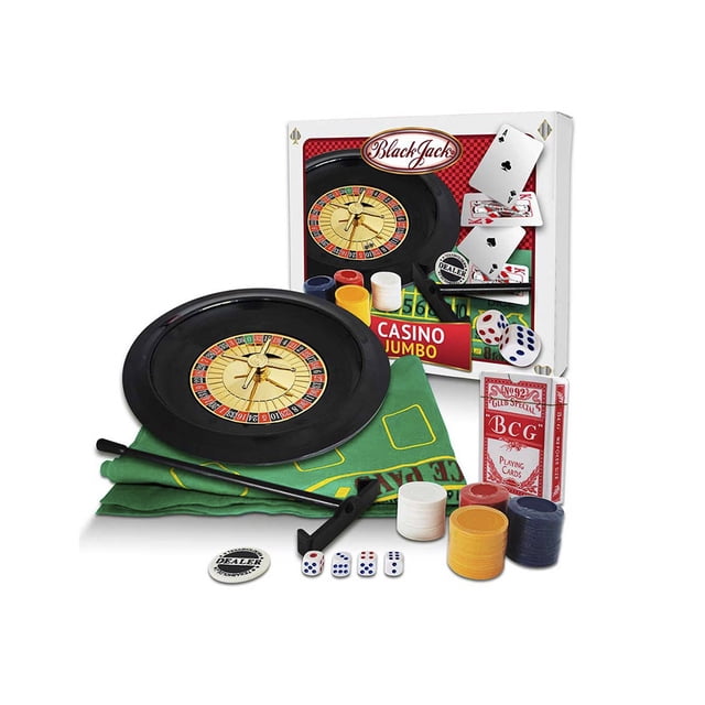 casino todo incluido kelvin blackjack incluye ruleta de 10" en plato negro, tapete verde para Texas y ruleta doblado, pilas de fichas en blanco rojo amarillo y azul, dos barajas de póker rojas, dados para craps, brazo lanzador y ficha dealer en caja.