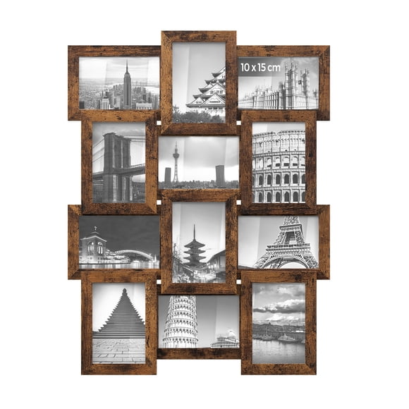 SONGMICS Collage de Marco de Fotos, 10 x 15 cm, Juego de 12, Pantalla Colgante, Requiere Montaje, Marrón Rústico