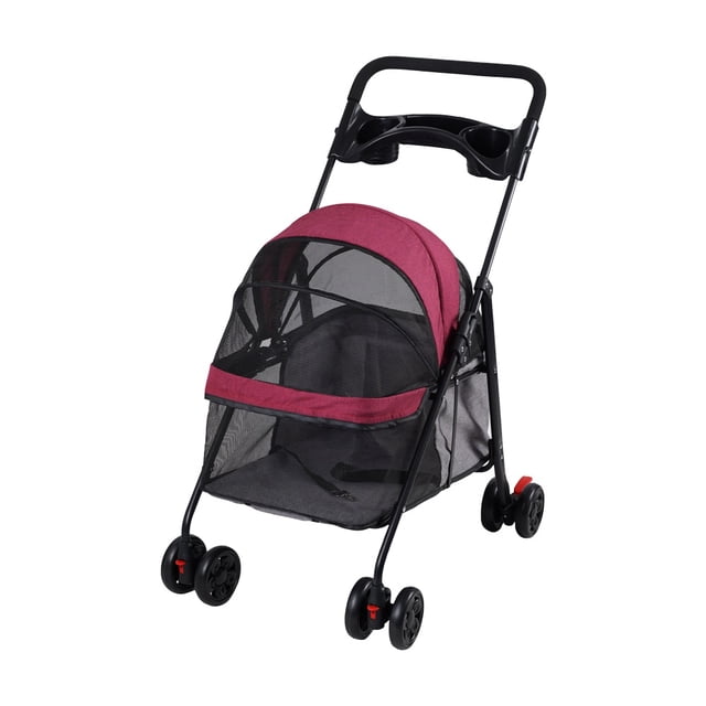 carriola para perro y gato plegable hasta 12kg paseos perros surtido Carriola plegable Odyssey de Fancy Pets, vista frontal 3/4 con capota vino y malla negra ventilada, chasis y manillar negro con portavasos, cuatro ruedas dobles con frenos y arnés interno visible; ligera y compacta para paseos urbanos, también adecuada como transporte corto para mascotas pequeñas.