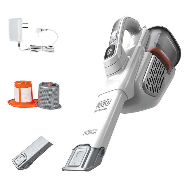 aspirador de mano black+decker dustbuster hhvk320j10 Aspiradora de mano inalámbrica negra, vista frontal inclinada con boquilla ranurada extra larga y depósito transparente; se muestran adaptador de corriente, filtro lavable naranja y boquilla estrecha; especificaciones visibles: 2 velocidades, modo impulso y vaciado 1 toque.