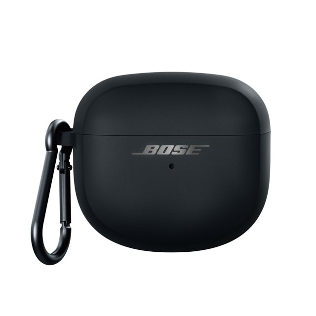funda de carga inalámbrica para auriculares bose ultra open negra, vista frontal centrada del estuche ovalado de silicona con logo Bose plateado y pequeño indicador LED, mosquetón metálico lateral para sujetar al equipo; también suele usarse como estuche protector portátil.