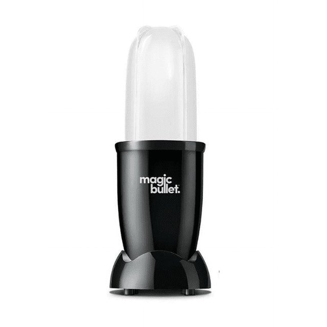 licuadora personal (procesador) nutribullet magic bullet mbr0401 negro, vista frontal centrada con base negra y vaso mezclador translúcido; logo "magic bullet" blanco en el frente, tapa abatible visible, diseñada para preparar batidos y proteínas en 10 segundos; también adecuada para salsas en porciones pequeñas.