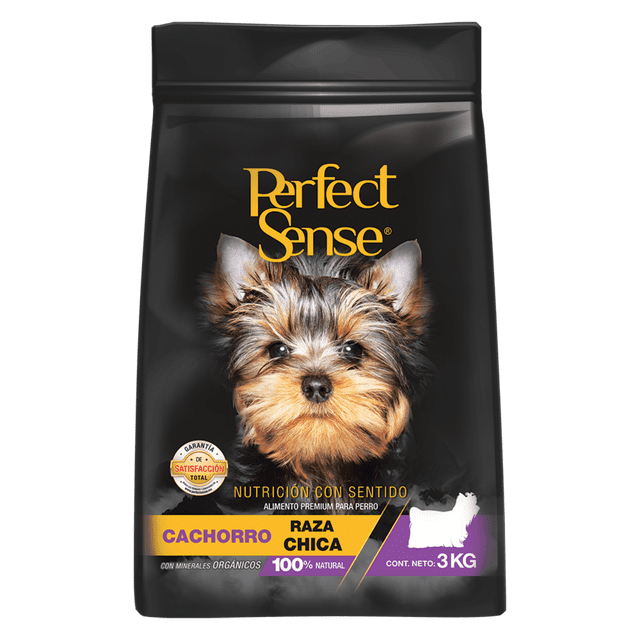 alimento para perro cachorro raza pequeña 3 kg perfect sense ps1802 bolsa frontal negra con el logo Perfect Sense en dorado y foto centrada de un cachorro tipo yorkshire; leyenda visible 'CACHORRO RAZA CHICA 100% NATURAL' y sello '3 KG'. Alimento seco indicado para perros de 2 a 12 meses, proteína mín. 28% y grasa mín. 18%.