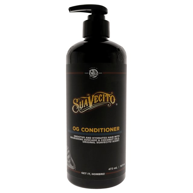 acondicionador og de suavecito para hombres - acondicionador de 16 oz botella negra con dispensador vista frontal, logo Suavecito en dorado y texto "OG CONDITIONER" en amarillo, indicación 16 oz (473 ml) en la base; también suele usarse para suavizar el vello facial.