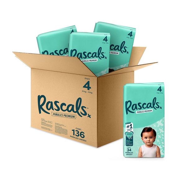 Pañales premium Rascals Etapa 4 Unisex  136 piezas