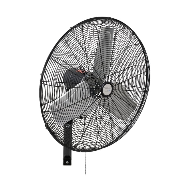 narvik ventilador de pared industrial, 24 pulgadas, aspas de aluminio, amplia oscilación, 235 watts, nuevo — Vista frontal 3/4 de ventilador de pared Narvik negro de 24" con rejilla metálica circular y tres aspas de aluminio; incluye cadena de control colgante y soporte de montaje; ideal para ventilación potente en talleres, comercios y almacenes, y también adecuado para ventilación localizada en áreas de trabajo.