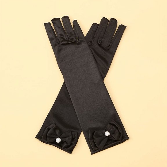 Zhuge Guantes de princesa, guantes largos de satén blanco para niña, guantes de princesa con lazos de diamantes para cumpleaños, bodas, fiestas de disfraces, color negro