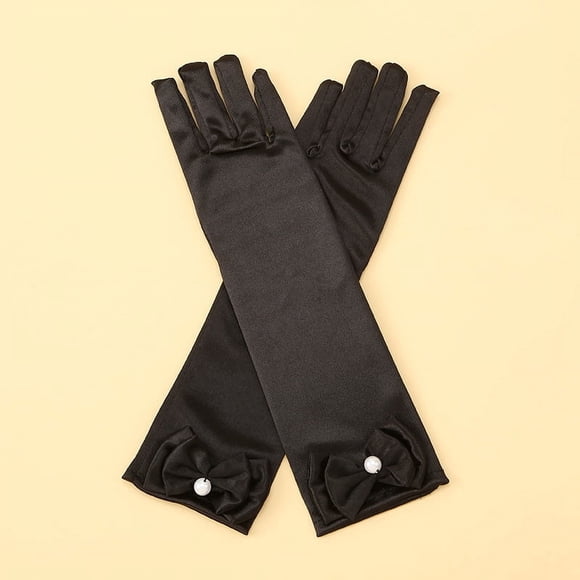 Zhuge Guantes de princesa, guantes largos de satén blanco para niña, guantes de princesa con lazos de diamantes para cumpleaños, bodas, fiestas de disfraces, color negro