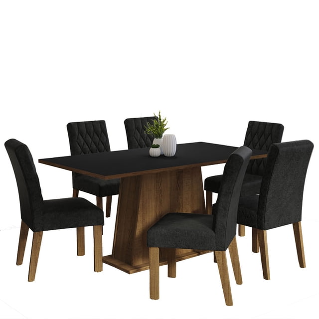 juego de comedor madesa oxford mn 04 mesa y 6 sillas mesa rectangular con tablero negro y base de madera marrón, seis sillas tapizadas en tela negra con respaldo acolchado en patrón rombo y patas de madera; vista frontal sobre fondo blanco, también adecuada para reuniones informales.