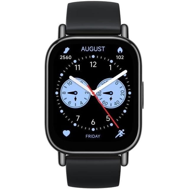 reloj inteligente xiaomi redmi watch 5 lite con amoled de 1.96 pulgadas reloj frontal rectangular con pantalla AMOLED de 1.96" (410 x 502 píxeles) mostrando esfera analógica con dos subesferas azules, manecillas blancas y segundero rojo; correa negra de silicón, caja gris oscuro y botón lateral; pensado para seguimiento de ubicación GPS y notificaciones en la muñeca, también apto para uso diario y viajes cortos.