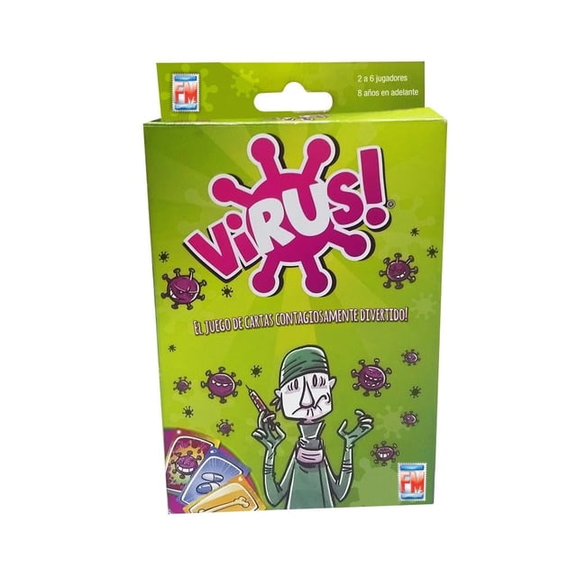 juego de mesa fotorama virus 1194 caja verde frontal con logo "VIRUS!", ilustraciones de virus morados, tarjetas en la esquina inferior izquierda y personaje médico caricatura con jeringa; indica 2–6 jugadores y 8+ años, incluye cuatro órganos ilustrados y mensaje educativo sobre vacunas.