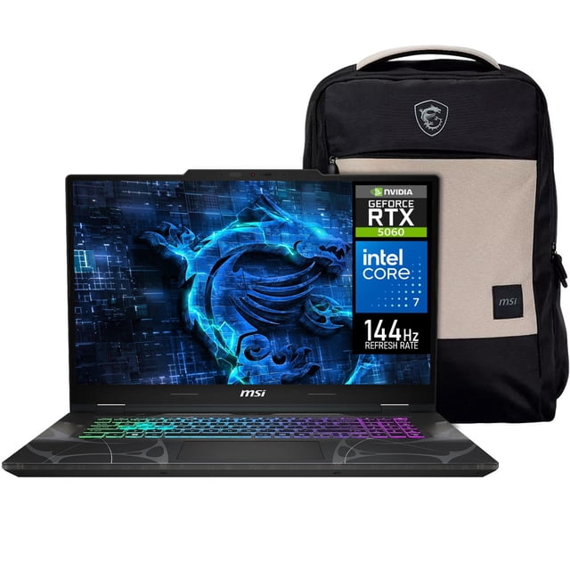laptop gamer msi cyborg 17 nvidia geforce rtx 5060 intel core i7 240h 16gb ddr5 ssd 1tb 17.3" teclado español mochila — portátil negro MSI Cyborg 17, vista frontal con pantalla 17.3" FHD (144Hz) mostrando gráfico de dragón, teclado RGB de 4 zonas con distribución en español y tecla Copilot, chasis negro con patrón geométrico y mochila incluida detrás; etiquetas de Intel Core i7 y GeForce RTX 5060 visibles. También suele usarse para edición de video y trabajo creativo portátil.