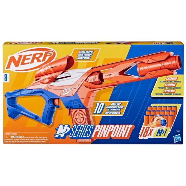 lanzador hasbro nerf n series pinpoint naranja — lanzadardos compacto, vista frontal centrada; cuerpo naranja con empuñadura y guardamanos azules, mira superior grande, perno de recarga y cargador tipo clip marcado "10" visible en la caja con 10 dardos incluidos; juguete para juegos de puntería bajo techo y al aire libre, a partir de 8 años, a menudo usado para prácticas recreativas de puntería.