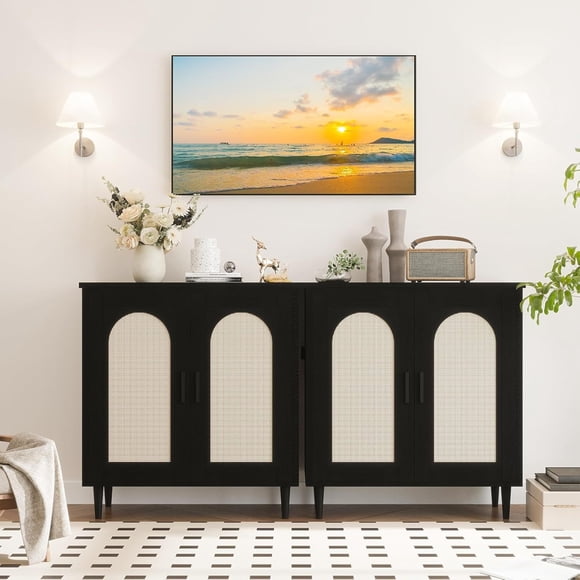 Qinaqin Rattan-Accented Sideboard Buffet Gabinete Solid Madera Feet para Living Sala cm de Alturaallway Ample Almacenamiento Solution