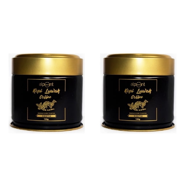 alpont gourmet café kopi luwak en grano 100 gramos 2 piezas dos frascos cilíndricos negros con tapa dorada y etiqueta dorada 'Kopi Luwak Coffee' y logo Alpont, cada frasco muestra '100 g', toma frontal sobre fondo blanco.