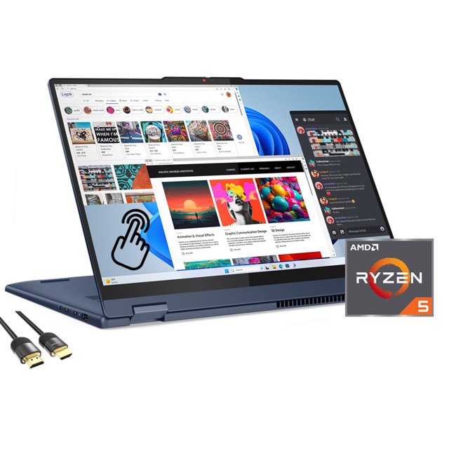 laptop lenovo ideapad 5 2 en 1 pantalla táctil wuxga de 16' ryzen 5 8645hs 16gb ddr5 512gb pcie ssd Vista 3/4 frontal de la Lenovo IdeaPad 5 2 en 1 con pantalla táctil WUXGA de 16" abierta en modo laptop; bisagra convertible, teclado US retroiluminado con lector de huellas en el reposamuñecas, varias ventanas y un icono táctil en la pantalla, cables HDMI y Type-C visibles y logotipo Ryzen 5 en la imagen. A menudo usada también como tableta para tomar notas o presentar contenidos breves.