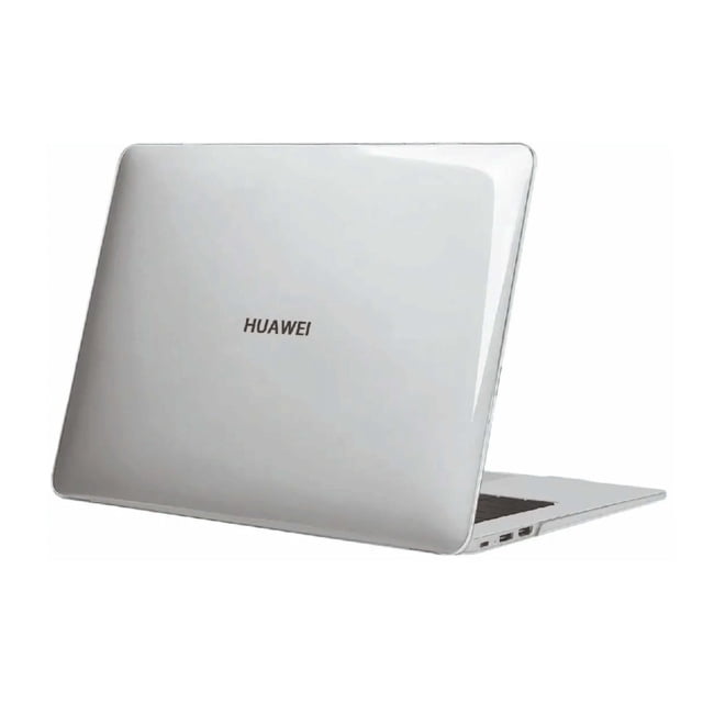 funda izüg para huawei matebook d14 y honor magicbook 14 crystal transparente funda para laptop vista 3/4 trasera con carcasa cristal transparente brillante que cubre tapa y bordes, logo HUAWEI visible, ranuras de ventilación laterales y pies de goma en la base para estabilidad y evitar sobrecalentamiento; compatible con modelos MateBook D14 (2019-2022) y MagicBook 14 (2019-2020).