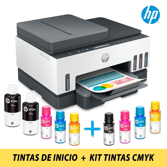 impresora multifuncional hp smart tank 750 de tinta continua color wi-fi smart app dúplex adf + pack tintas cmyk Impresora multifuncional blanca, vista 3/4 frontal con escáner plano y alimentador automático (ADF) en la tapa; bandeja frontal con página a color impresa. Panel superior con pantalla y botones, tanques de tinta laterales visibles y botellas CMYK delante indicando pack incluido. Fondo de estudio neutral; funciones visibles: impresión, escaneo y copiado, con dúplex y conectividad inalámbrica según especificaciones.