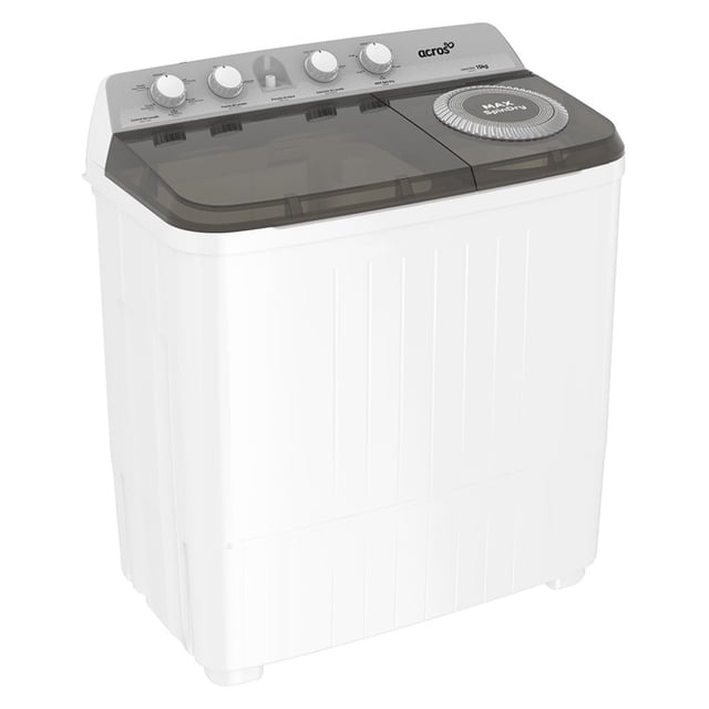 lavadora acros mod. ald-1545je 2 tinas 15kg, lavadora blanca de dos tinas 15 kg en vista frontal 3/4 con tapas superiores ahumadas, panel superior con perillas giratorias y tapa de centrifugado lateral marcada, cuerpo rectangular con acabado liso y patas cortas; adecuada para cargas grandes y uso doméstico.